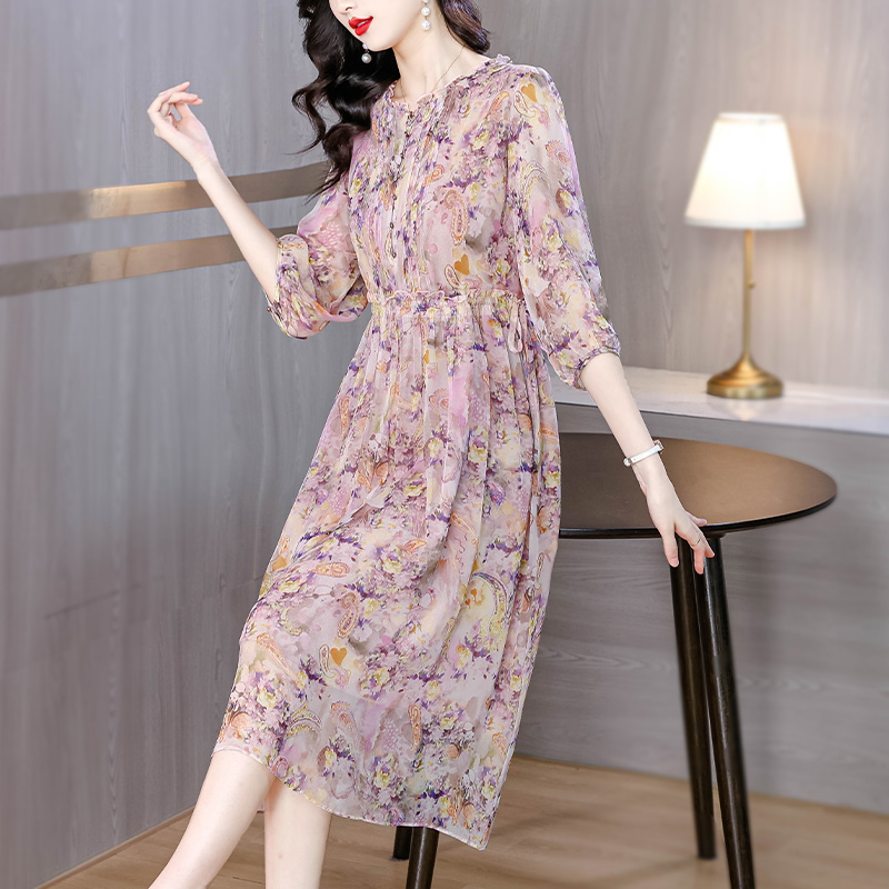 Elegant silk summer temperament floral luxurious dress