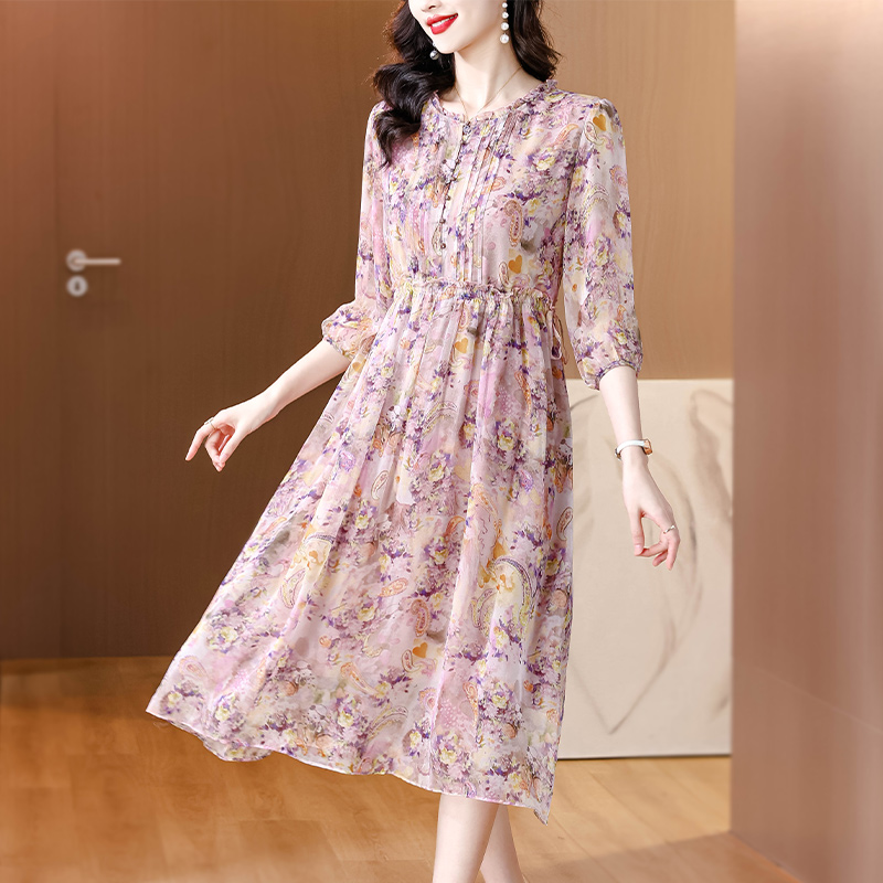 Elegant silk summer temperament floral luxurious dress