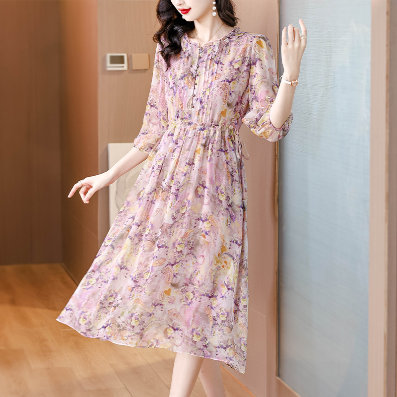 Elegant silk summer temperament floral luxurious dress