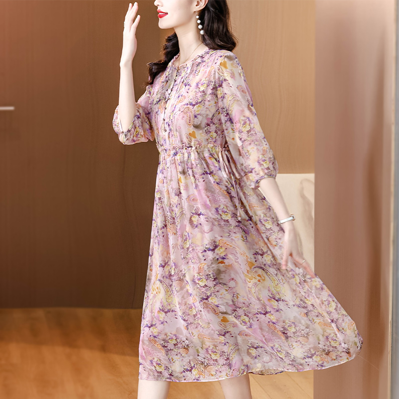 Elegant silk summer temperament floral luxurious dress