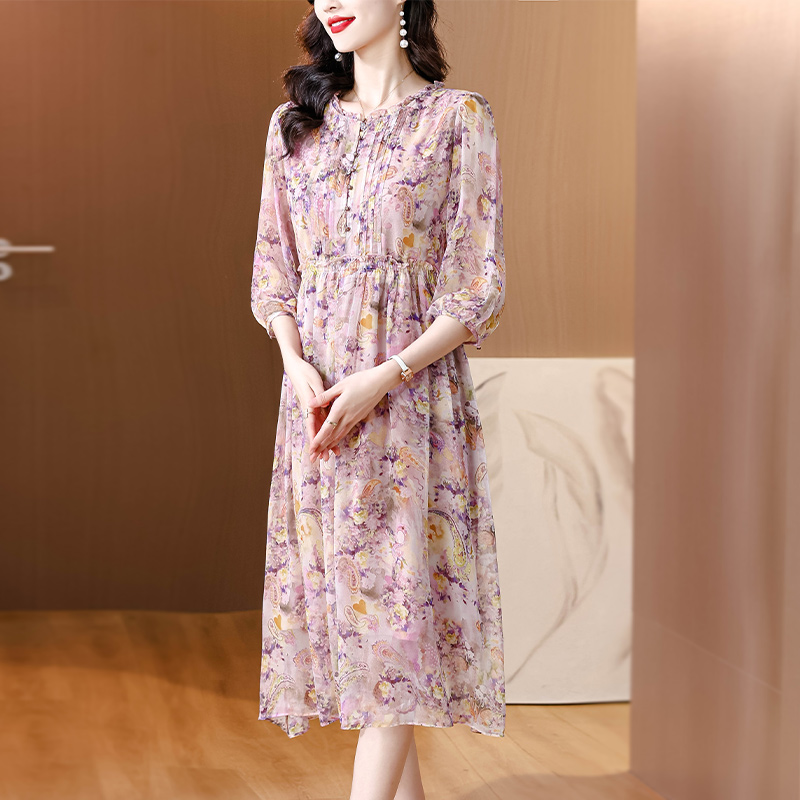 Elegant silk summer temperament floral luxurious dress