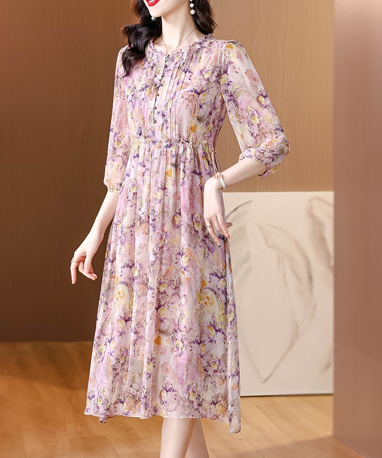 Elegant silk summer temperament floral luxurious dress