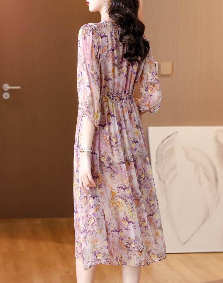 Elegant silk summer temperament floral luxurious dress