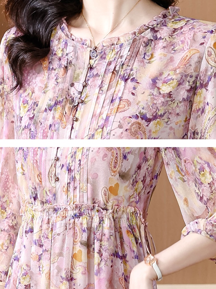 Elegant silk summer temperament floral luxurious dress