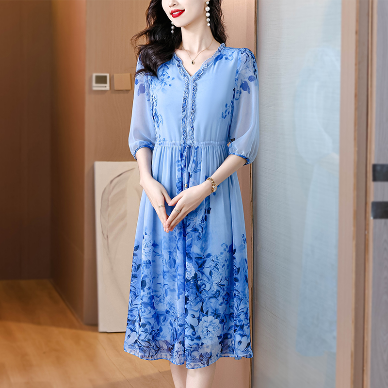 Floral silk dress romantic temperament long dress