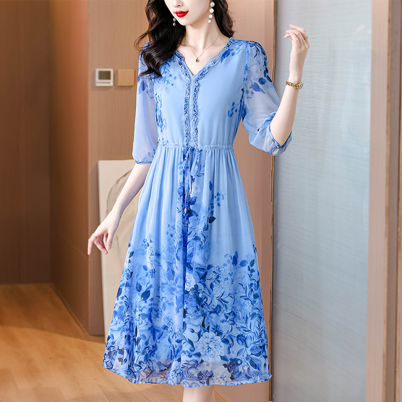 Floral silk dress romantic temperament long dress