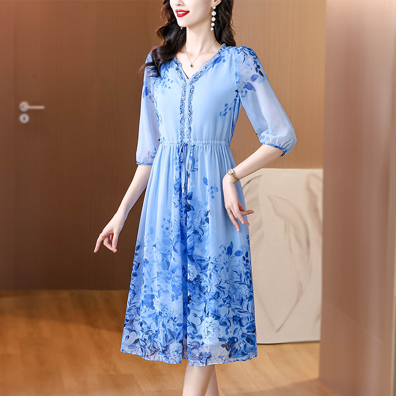 Floral silk dress romantic temperament long dress