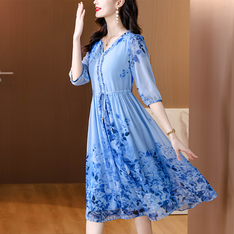 Floral silk dress romantic temperament long dress