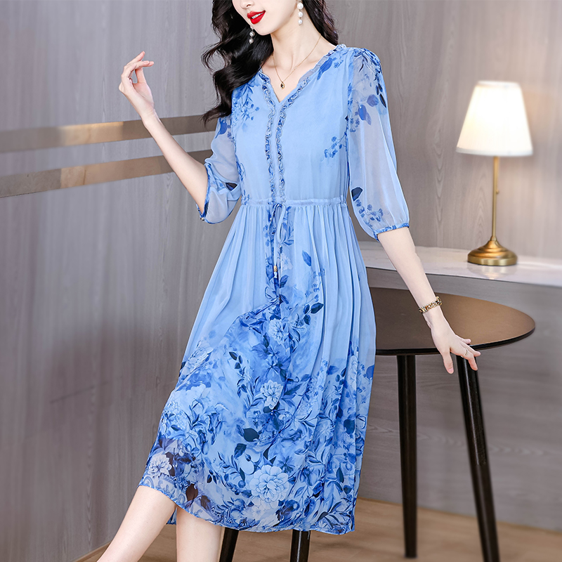 Floral silk dress romantic temperament long dress