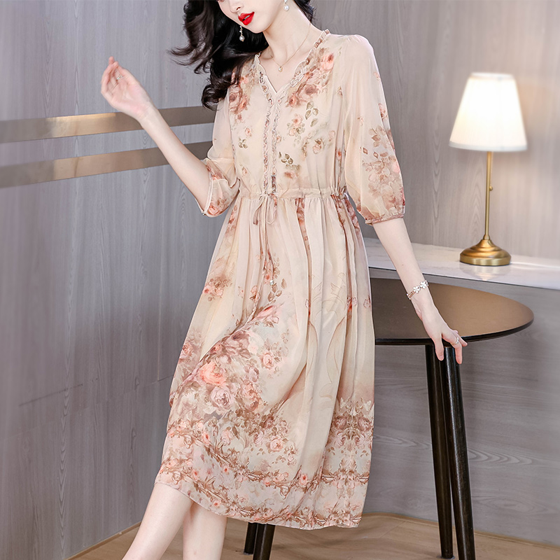 Retro real silk long dress silk luxurious dress