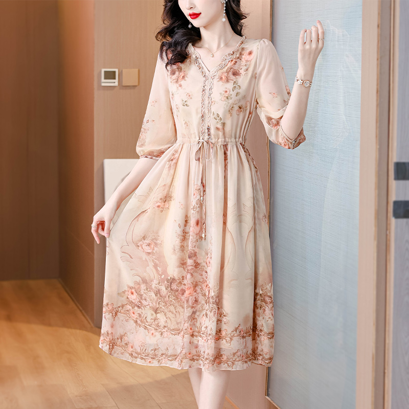 Retro real silk long dress silk luxurious dress