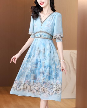 Ladies light luxury summer blue France style real silk dress