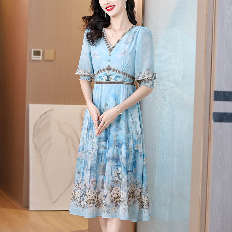 Ladies light luxury summer blue France style real silk dress