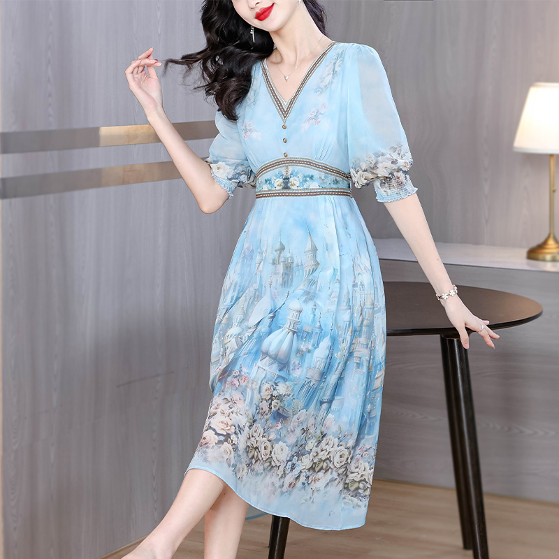 Ladies light luxury summer blue France style real silk dress