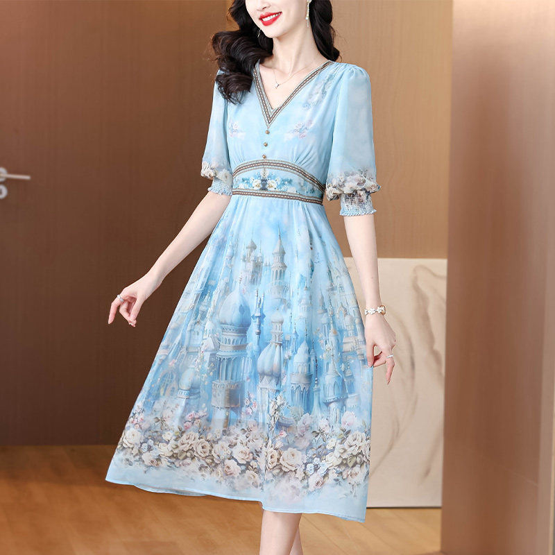 Ladies light luxury summer blue France style real silk dress