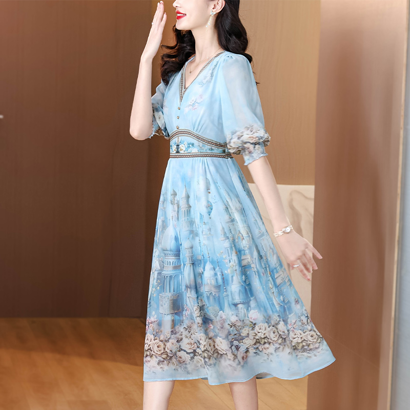 Ladies light luxury summer blue France style real silk dress