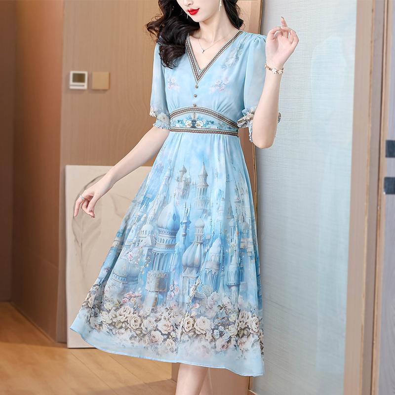 Ladies light luxury summer blue France style real silk dress