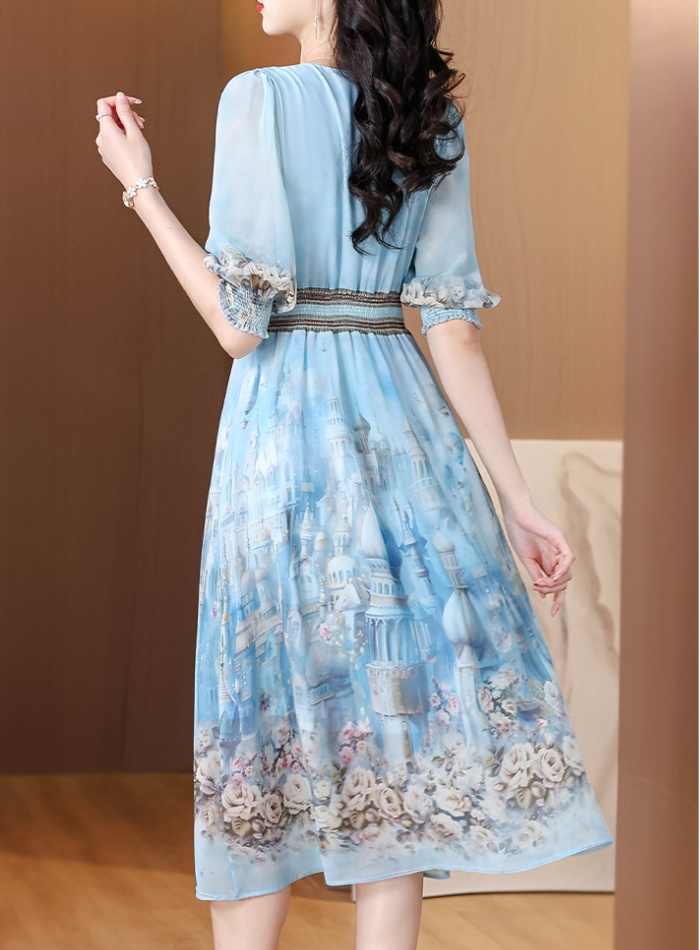 Ladies light luxury summer blue France style real silk dress