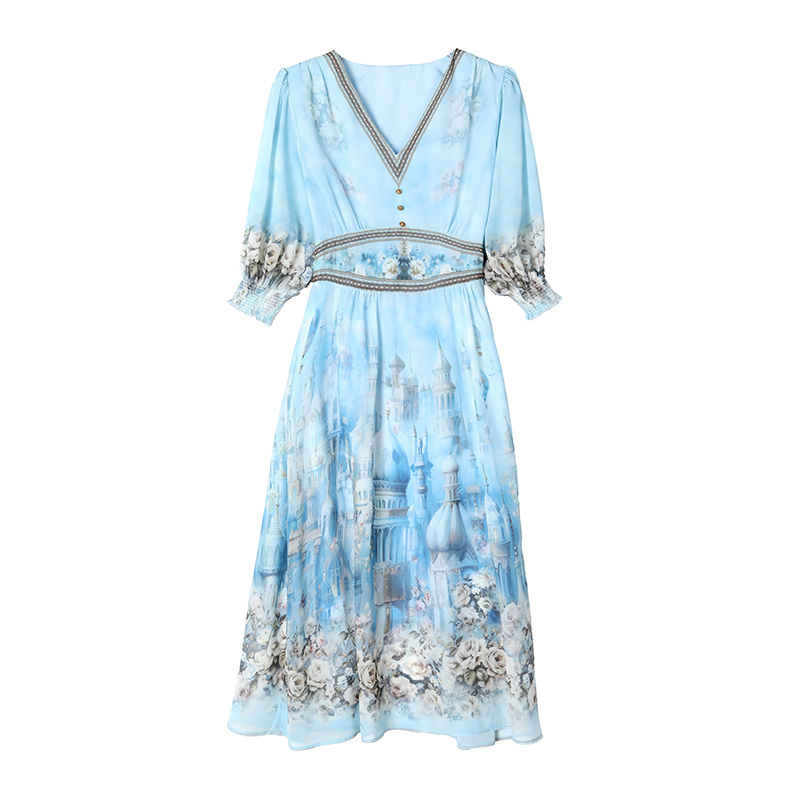 Ladies light luxury summer blue France style real silk dress