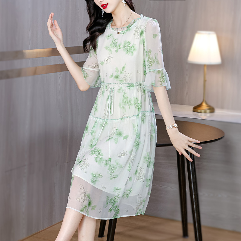 Summer loose silk long dress printing large yard dress