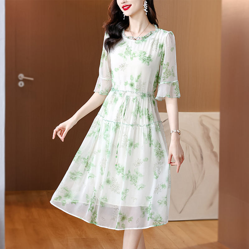 Summer loose silk long dress printing large yard dress