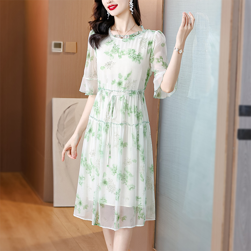 Summer loose silk long dress printing large yard dress