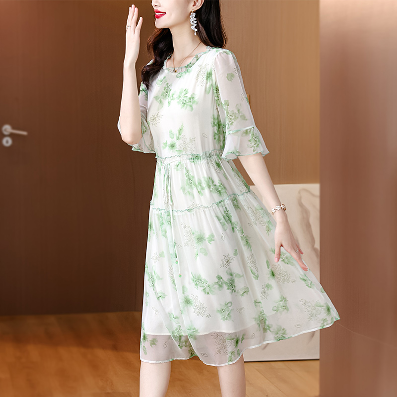 Summer loose silk long dress printing large yard dress