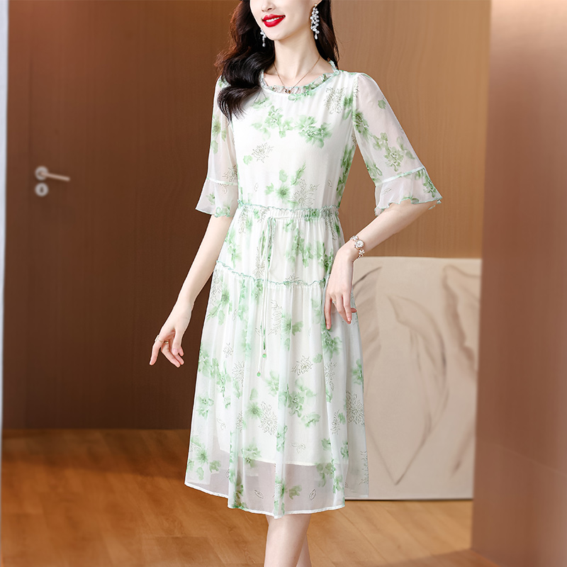 Summer loose silk long dress printing large yard dress