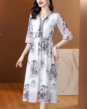 Light luxury printing silk ink wood ear collar long dress