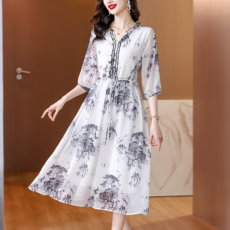 Light luxury printing silk ink wood ear collar long dress