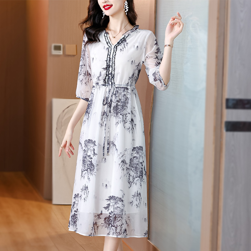 Light luxury printing silk ink wood ear collar long dress