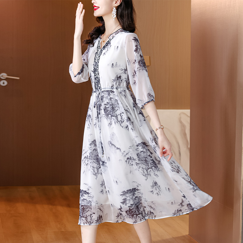 Light luxury printing silk ink wood ear collar long dress