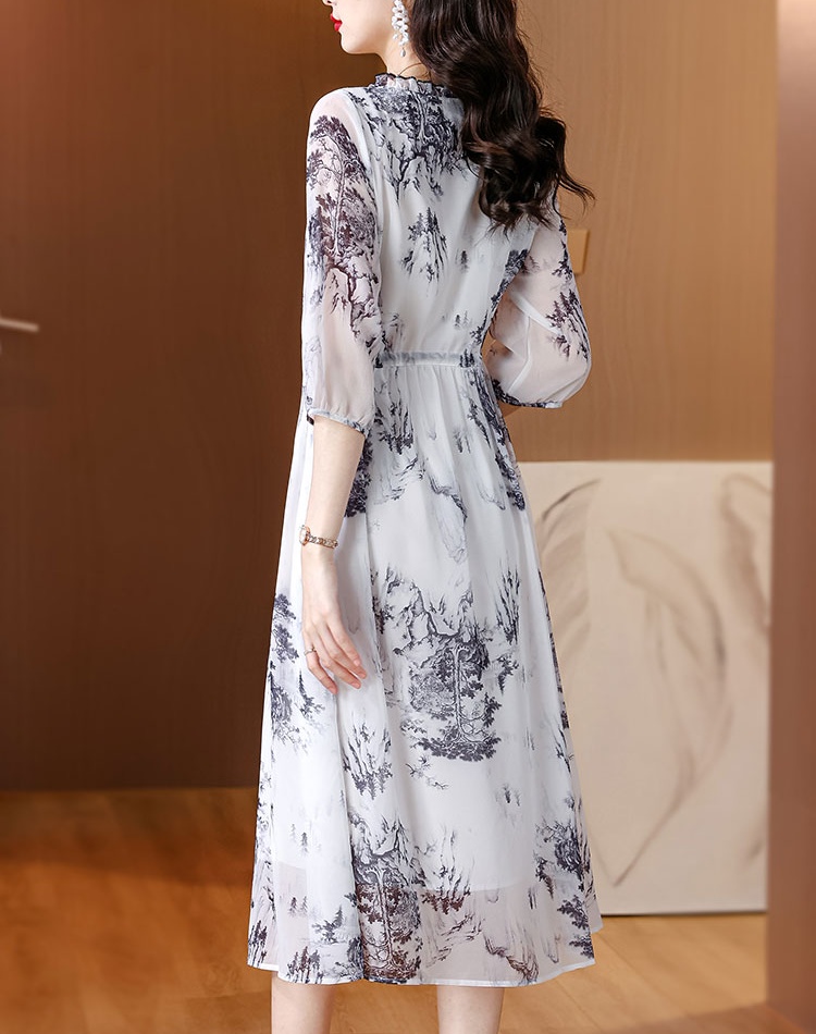 Light luxury printing silk ink wood ear collar long dress