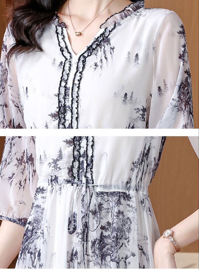 Light luxury printing silk ink wood ear collar long dress