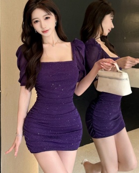 Square collar sexy short puff sleeve dress