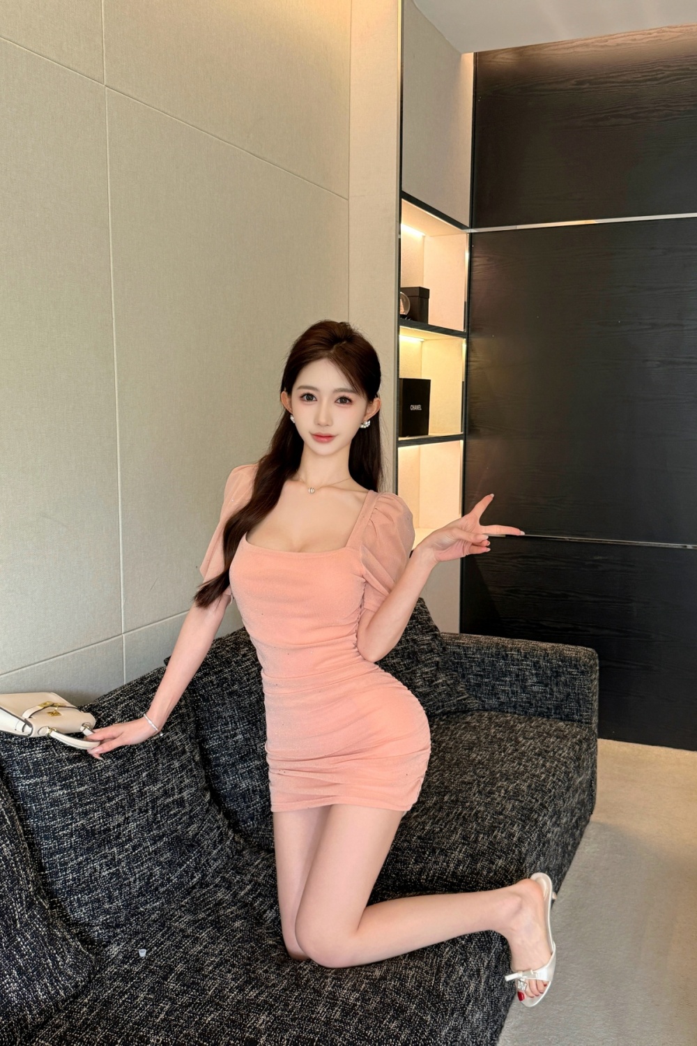 Square collar sexy short puff sleeve dress