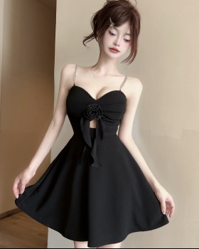 Sexy A-line low-cut pinched waist hollow dress