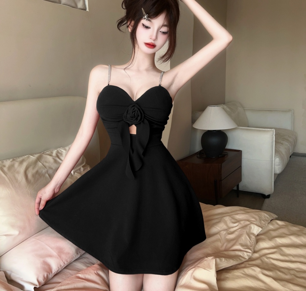 Sexy A-line low-cut pinched waist hollow dress