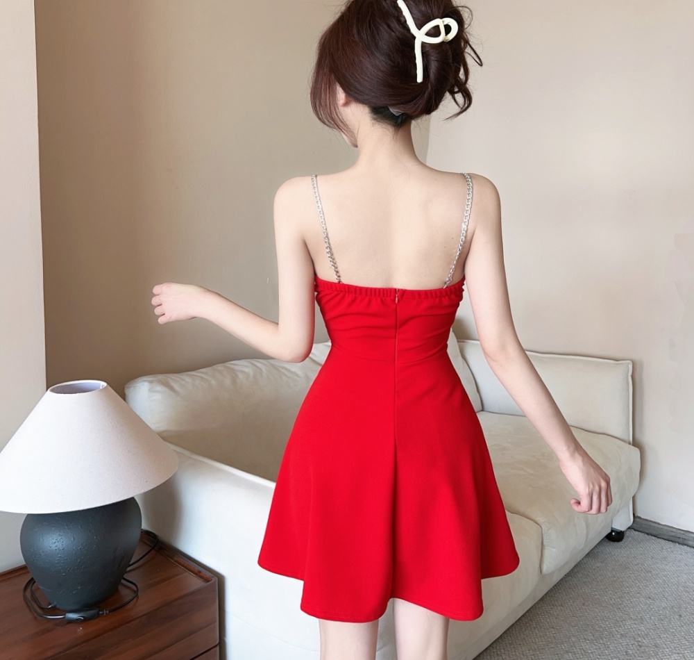 Sexy A-line low-cut pinched waist hollow dress