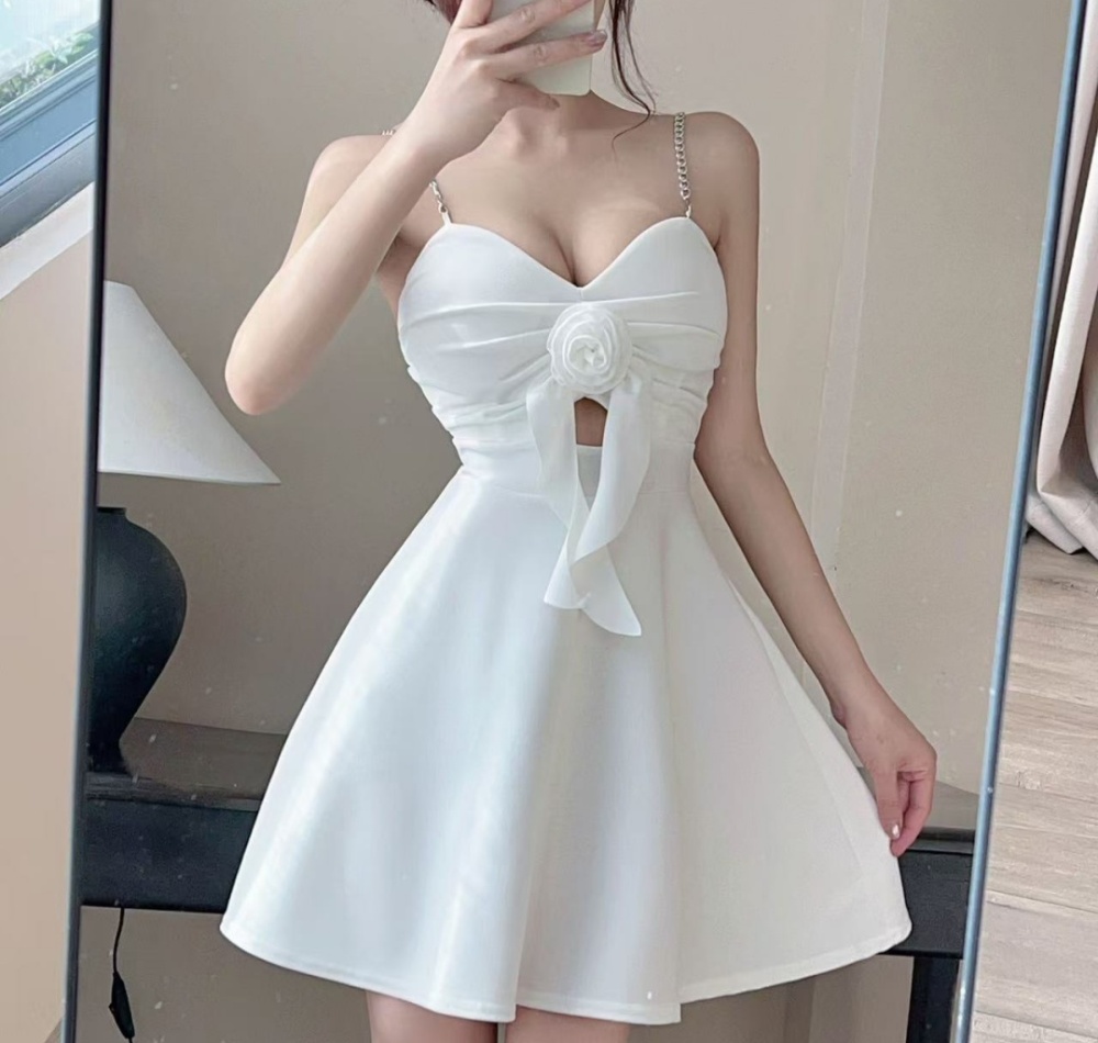 Sexy A-line low-cut pinched waist hollow dress