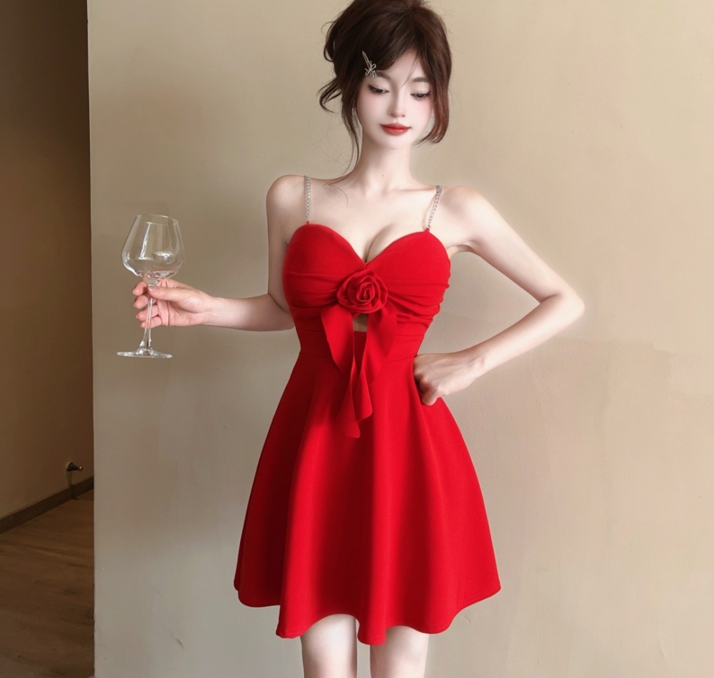 Sexy A-line low-cut pinched waist hollow dress