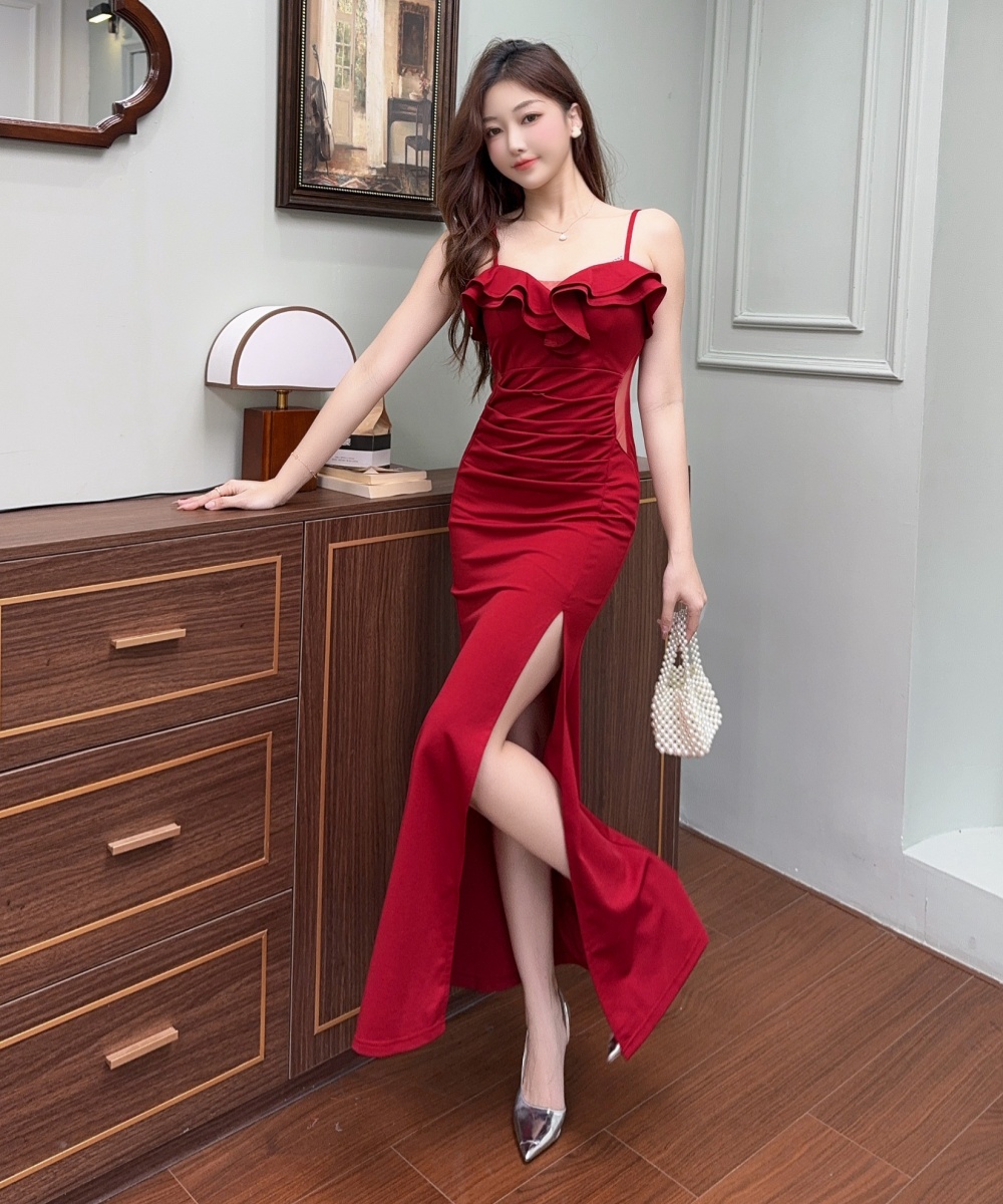 Wrapped chest sexy split ladies low-cut temperament dress