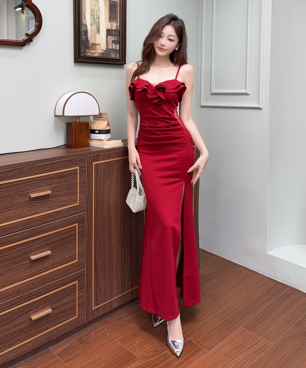 Wrapped chest sexy split ladies low-cut temperament dress