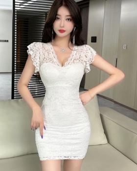 Low-cut lace bottoming sexy package hip short dress