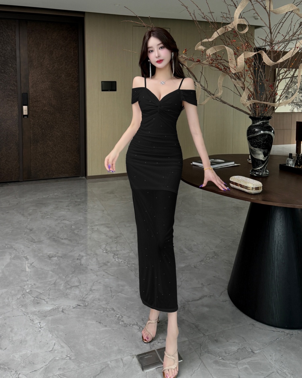 Slim sling gauze package hip sexy all-match long dress