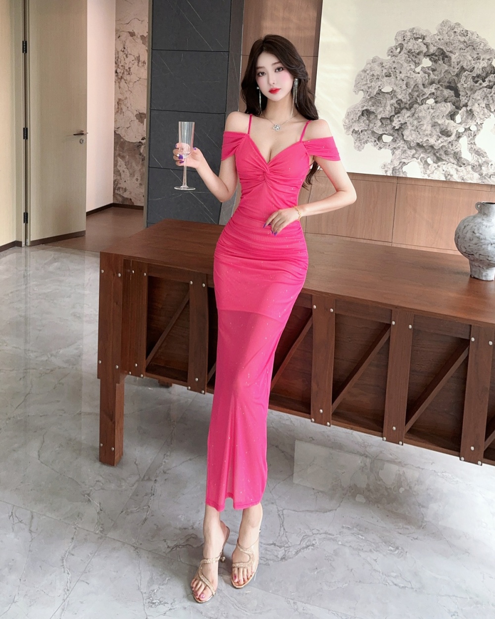 Slim sling gauze package hip sexy all-match long dress