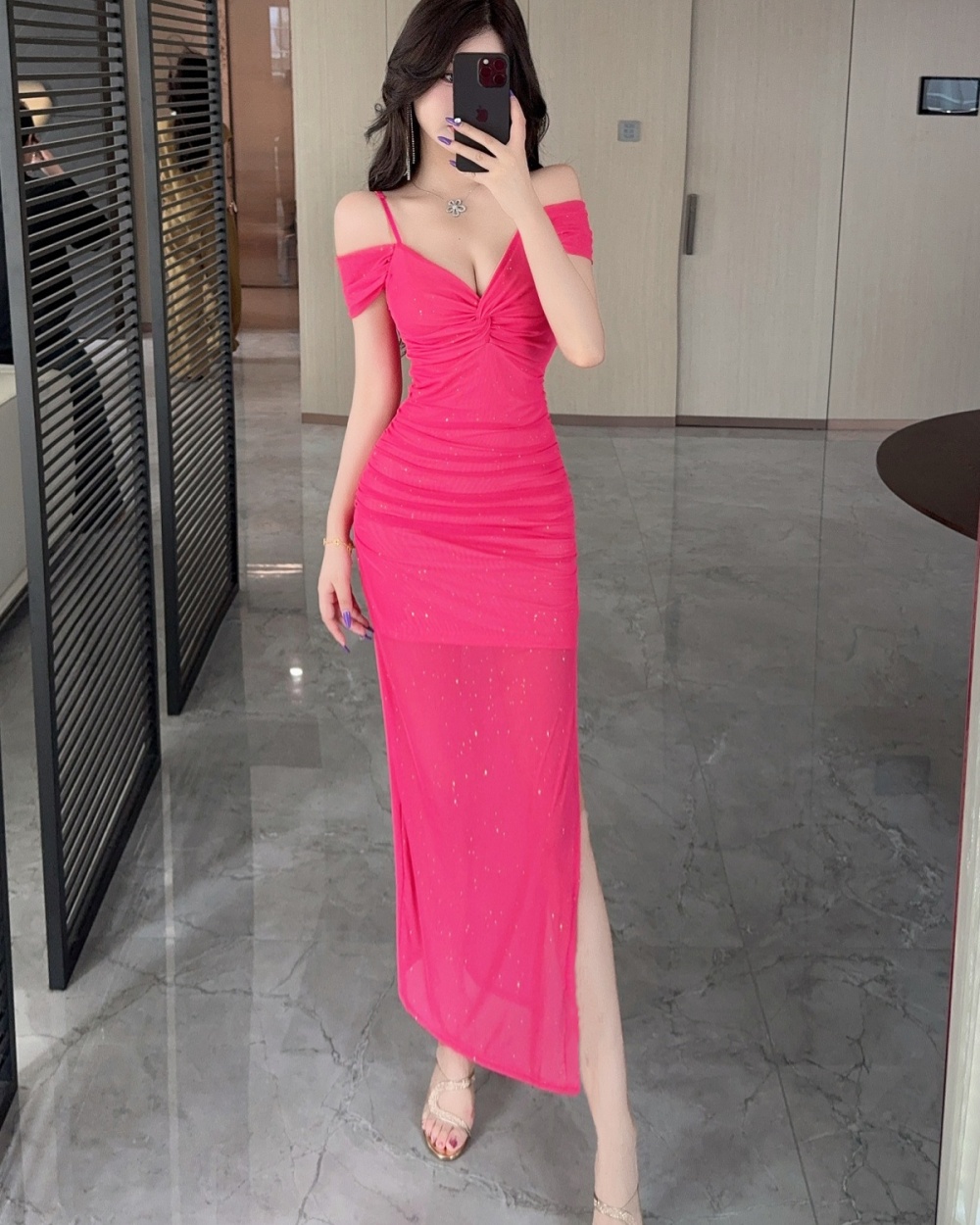 Slim sling gauze package hip sexy all-match long dress