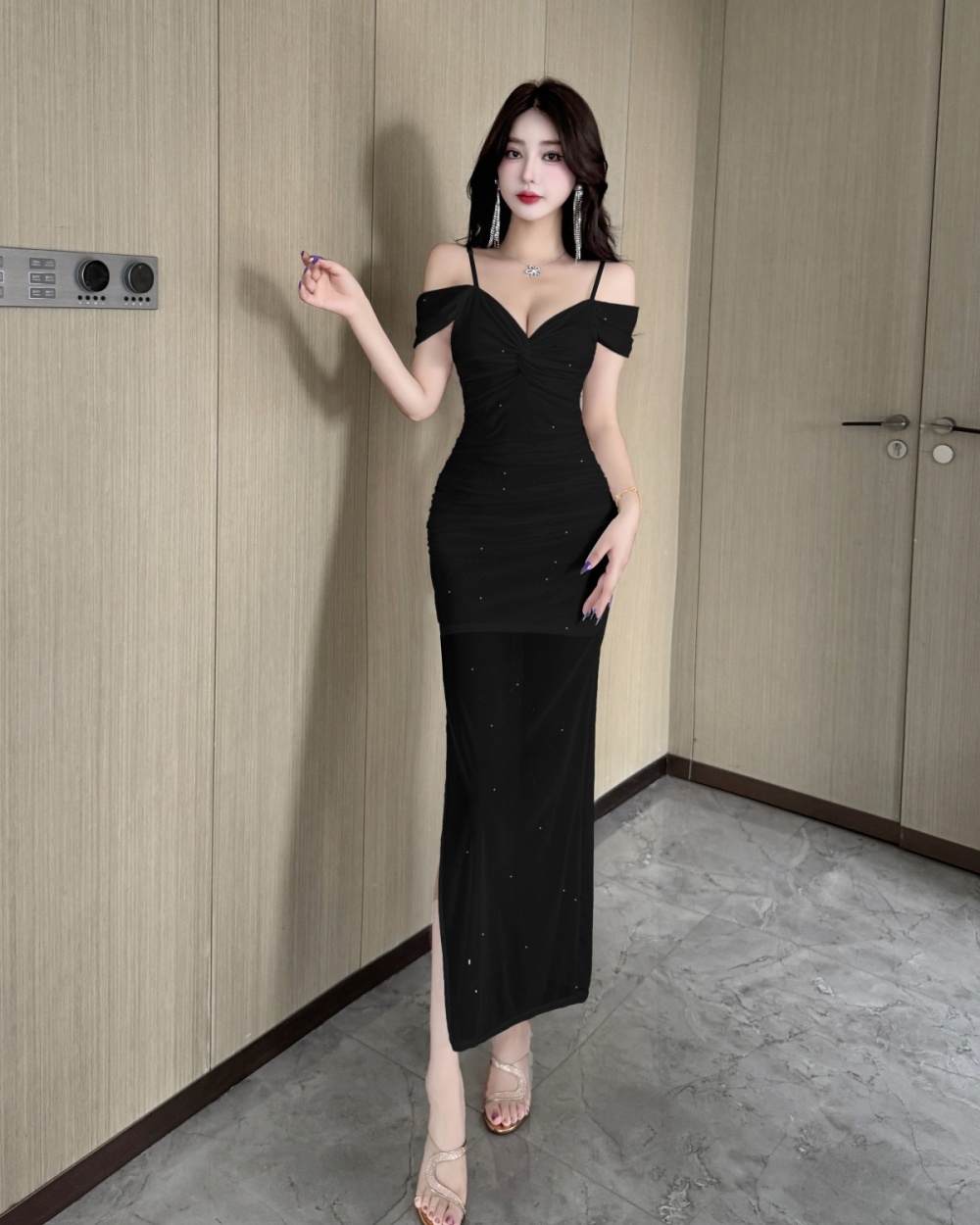 Slim sling gauze package hip sexy all-match long dress