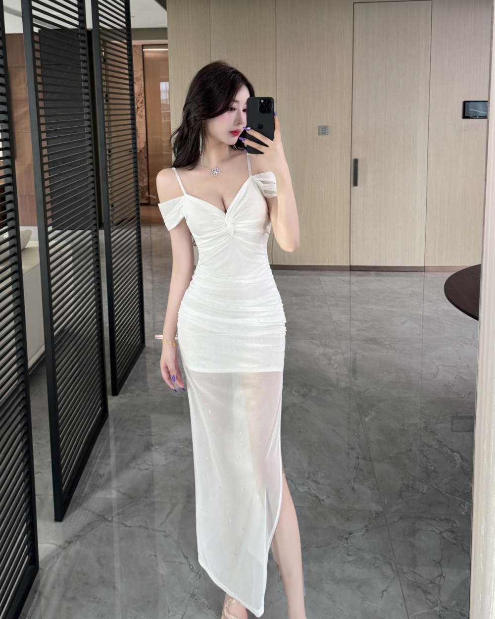 Slim sling gauze package hip sexy all-match long dress