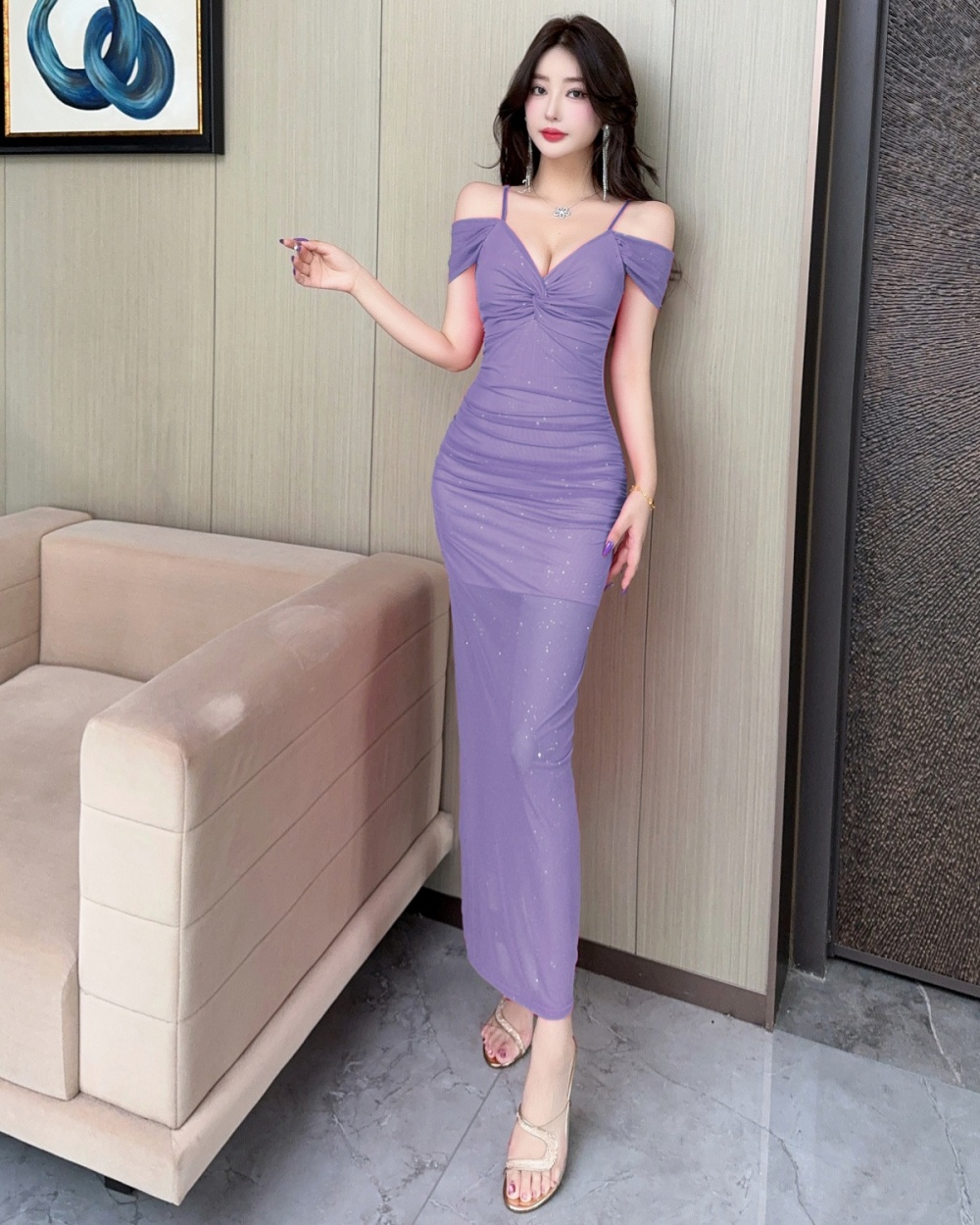 Slim sling gauze package hip sexy all-match long dress